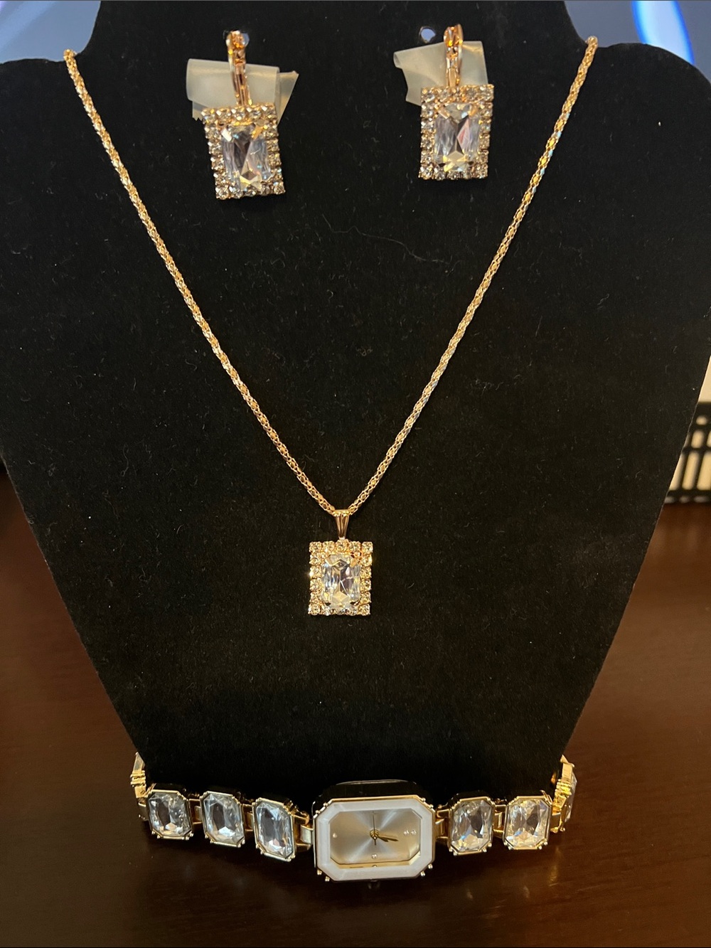 Gold-Tone Clear Crystal Pendant Necklace, crystal Watch and Earring Set